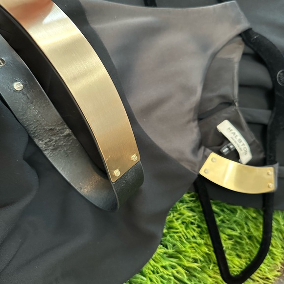 Halston Heritage Black Long Crepe Dress with Gold Belt high slit size 4 - Picture 15 of 16